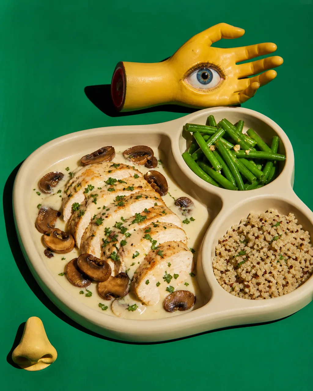 Poulet moutarde-champignons, haricots verts et quinoa