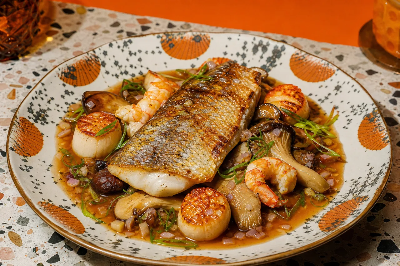 Maigre poêlé, jus terre-mer aux langoustines, saint-jacques et champignons