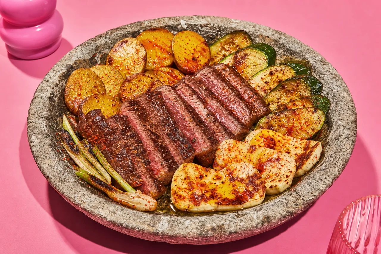 Rumsteak rôti, légumes méditerranéens et halloumi à la plancha