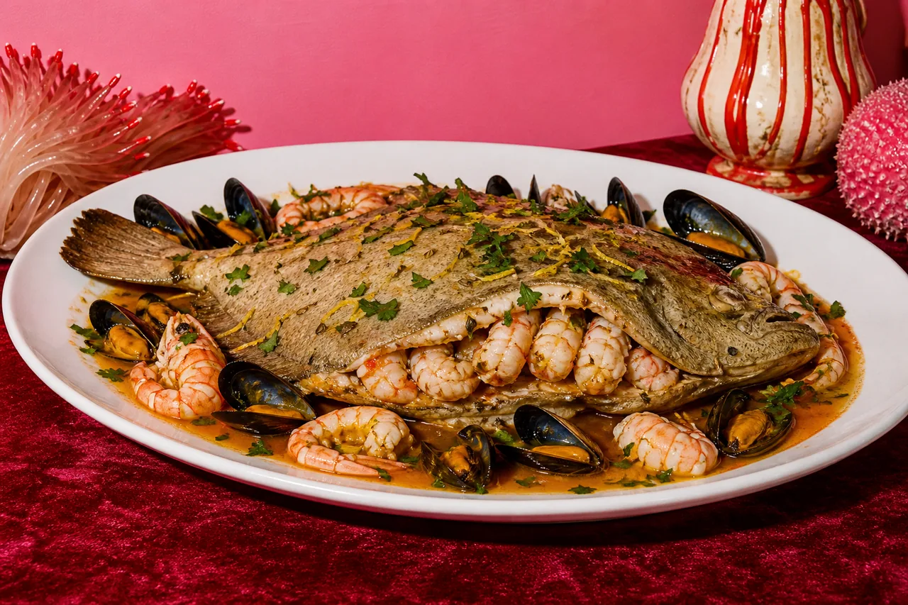 Flet farci aux langoustines, jus de moules au cognac et paprika doux