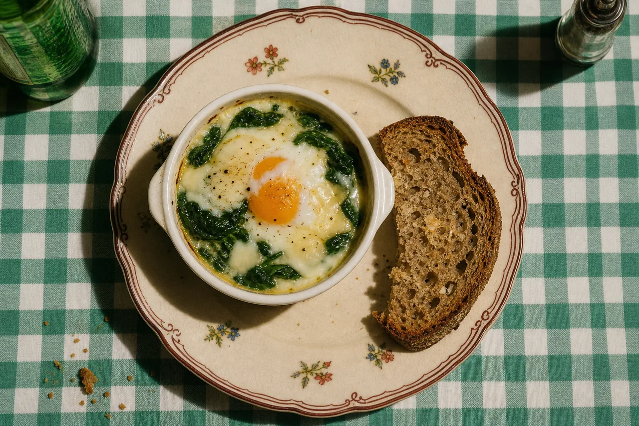 Œufs cocotte, épinards et cancoillotte
