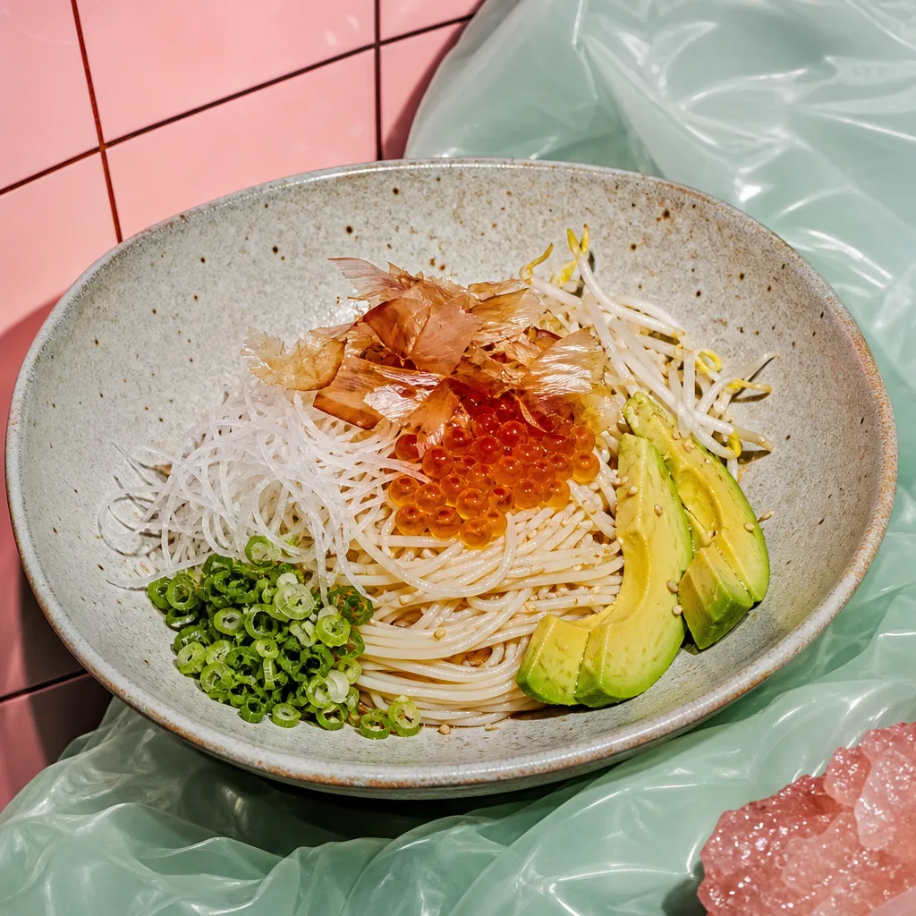 Nouilles de riz froides shio-kōji, avocat, ikura et katsuobushi