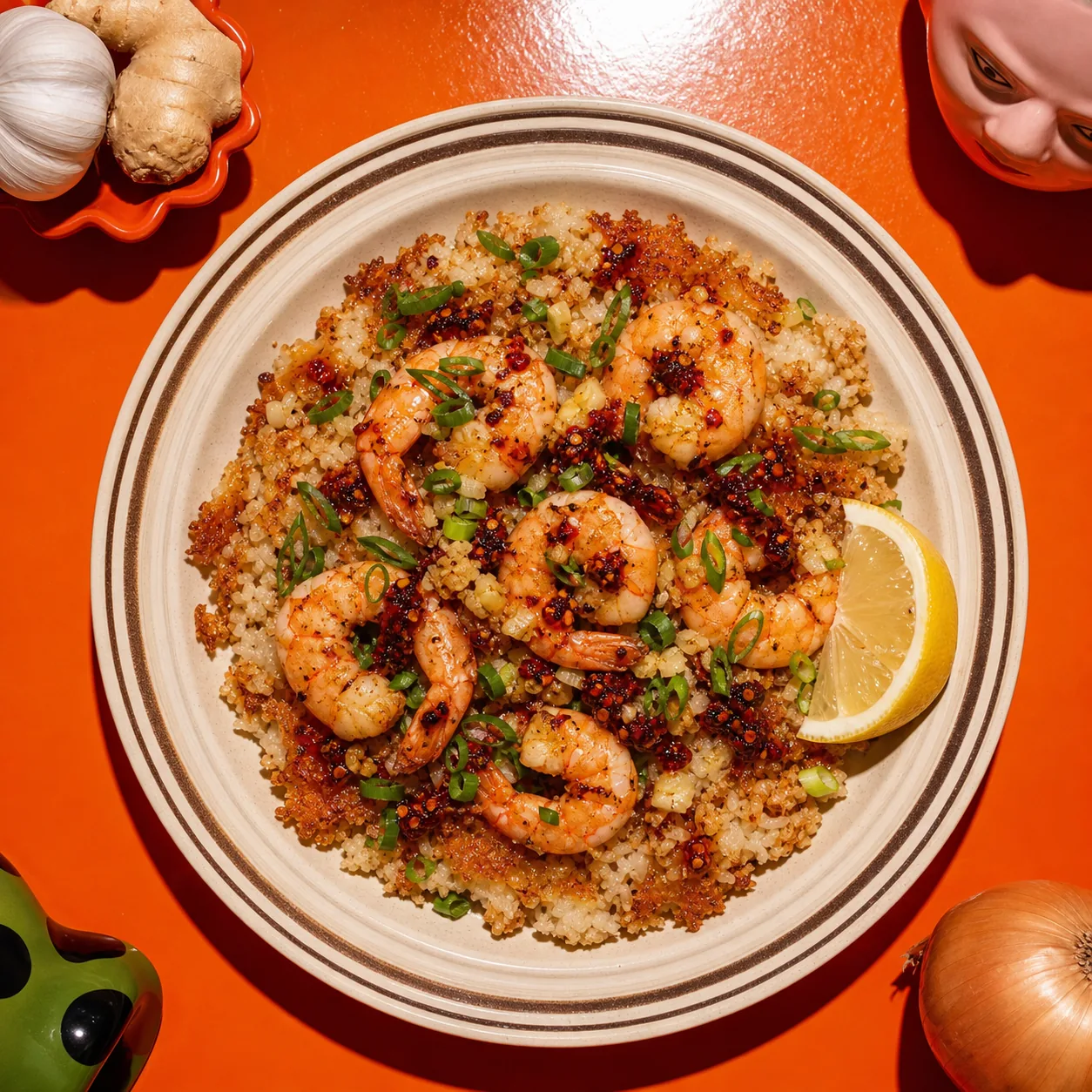 Crevettes au gingembre et oignon vert, riz croustillant à la noix de coco