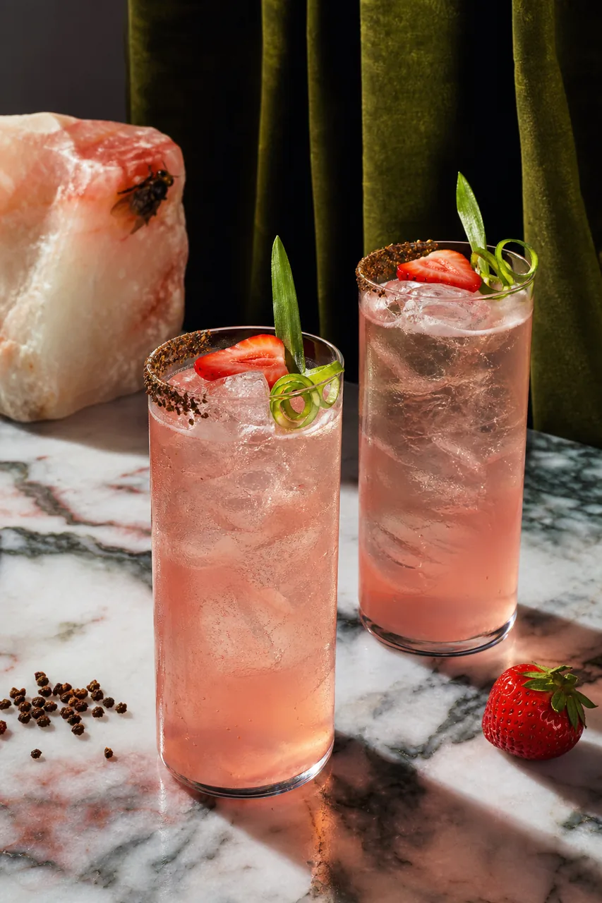 Highball fraise, gin et poivre de Sichuan, touche soja