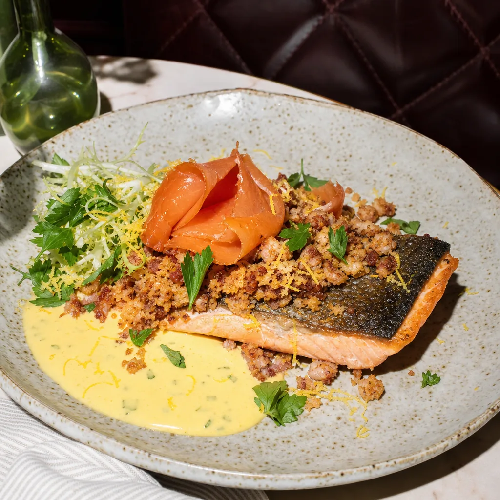Saumon nacré, croustillant d’andouille et comté, rubans fumés au citron
