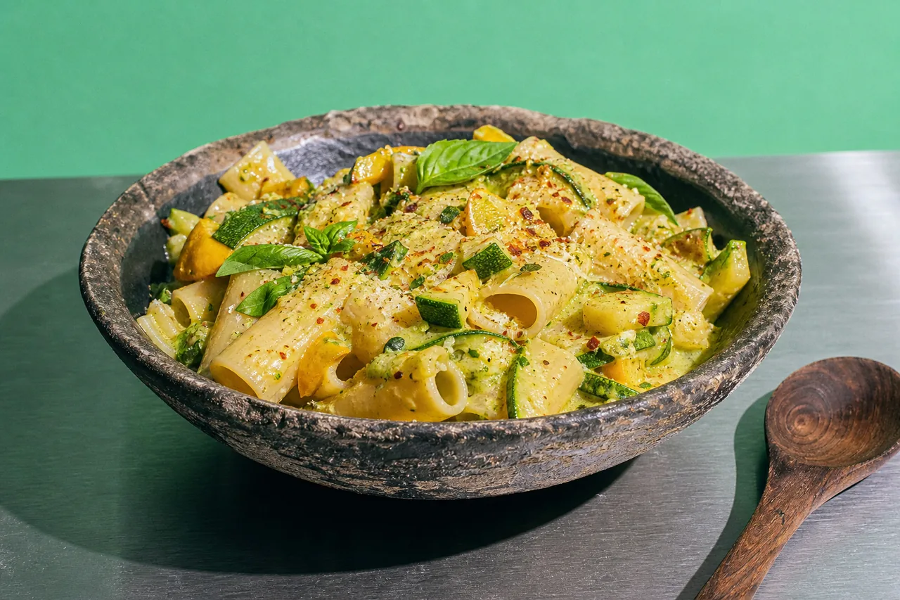 Pâtes d'été aux courgettes jaunes, courgettes vertes et basilic