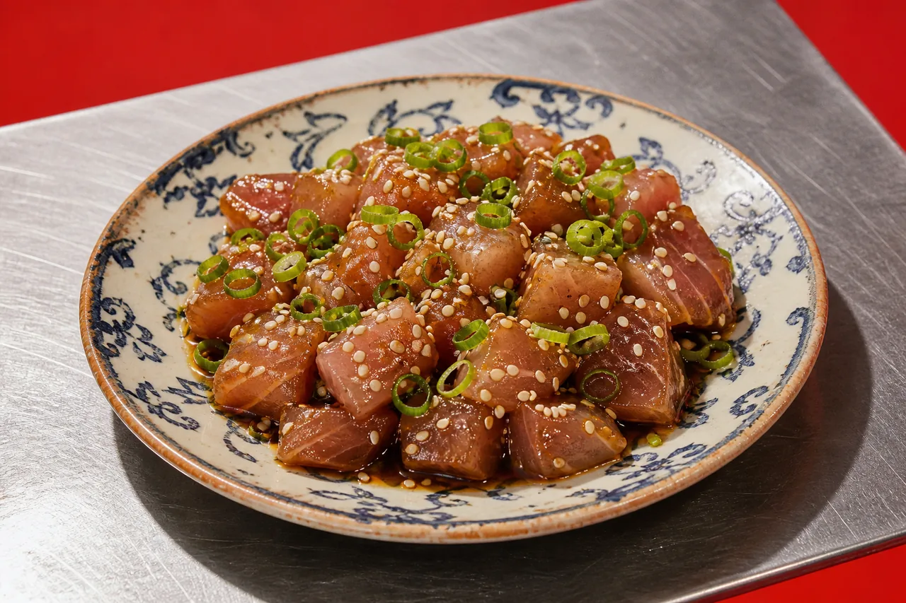 Poke hawaien a l'ulua, carangue geante marinee au shoyu, sesame et oignon nouveau