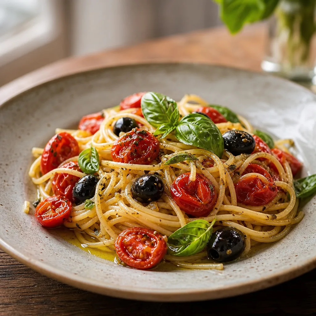 Pâtes aux tomates rôties, basilic et huile d’olive à l’origan