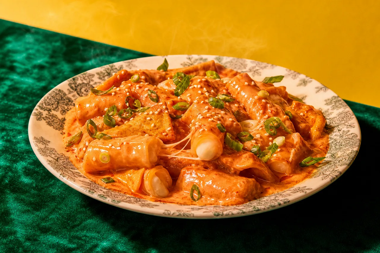 Tteokbokki rosé coréen au papier de riz et au fromage