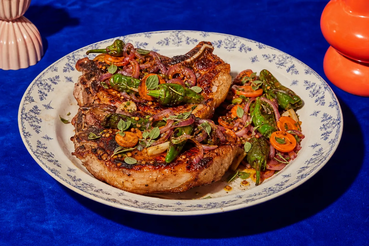 Côtelettes de porc et piments Padrón en escabèche
