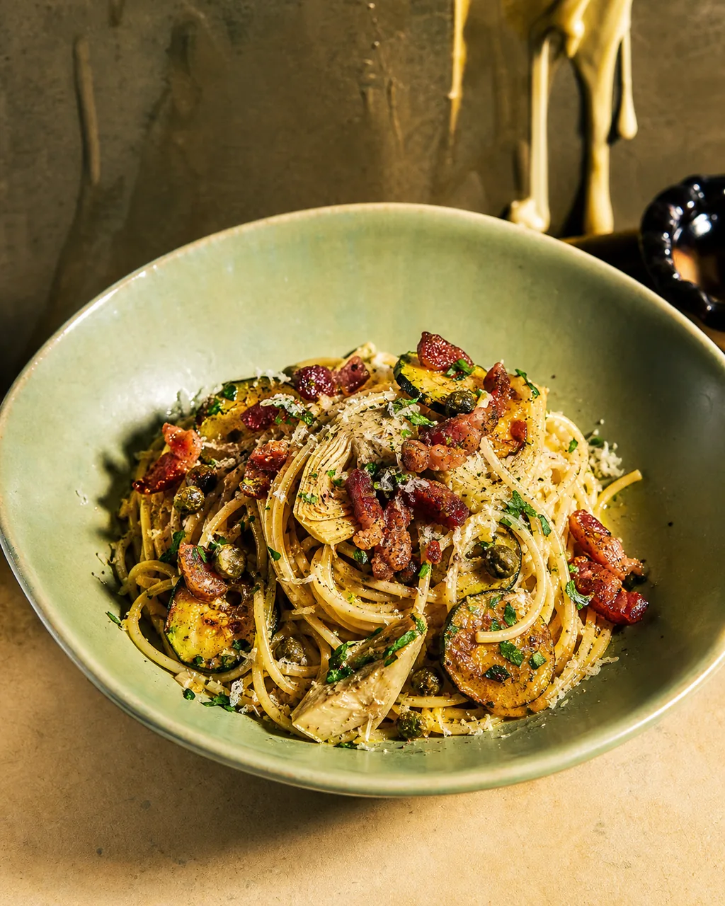 Pâtes façon carbonara corse, courgette dorée, panzetta et artichauts