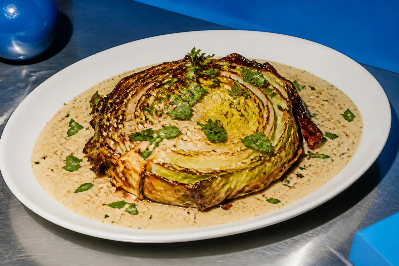Chou rôti en steak et sauce tahini