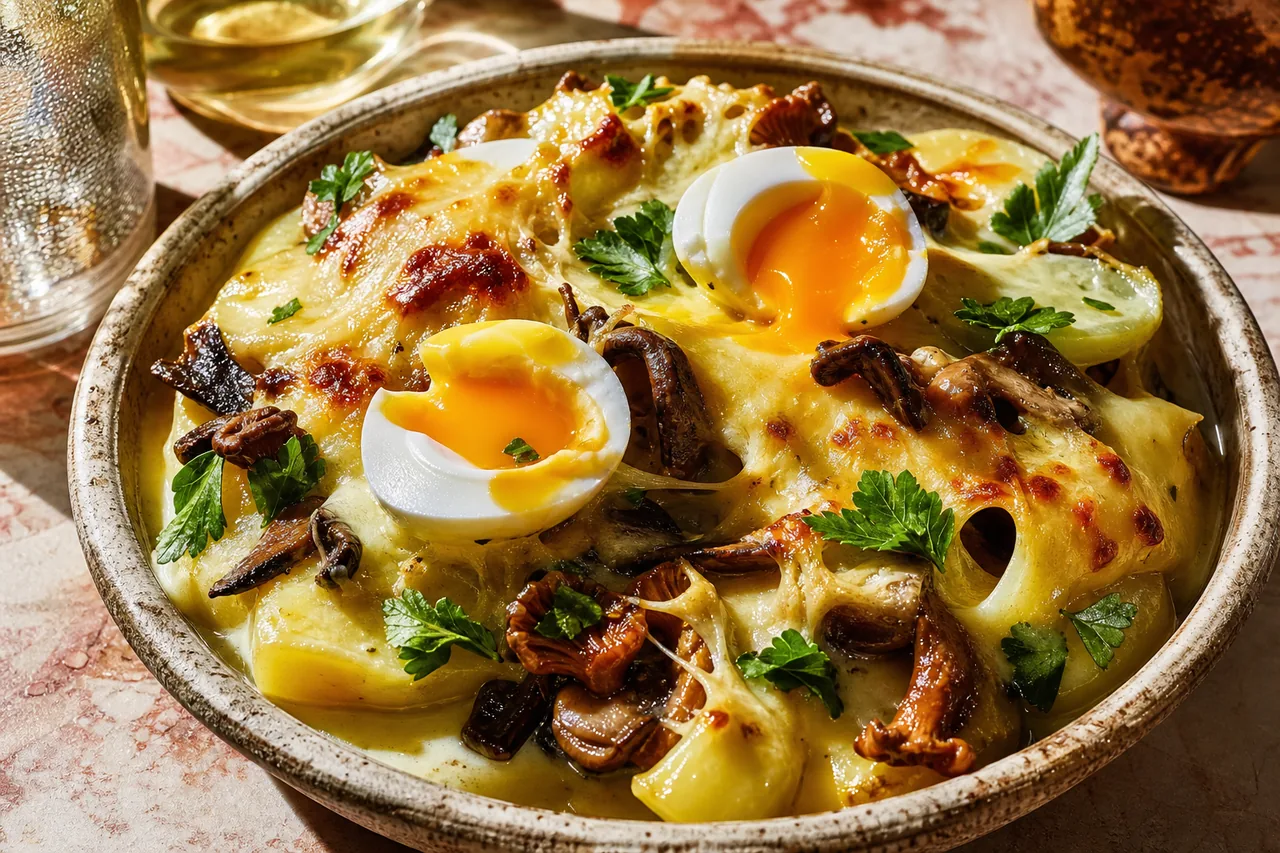 Œufs mollets gratinés à la cancoillotte, comté et vin du Jura
