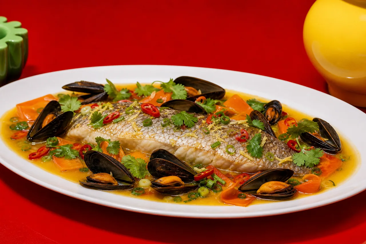 Vivaneau queue jaune poché au bouillon épicé de moules, carotte soyeuse et jaune d’œuf
