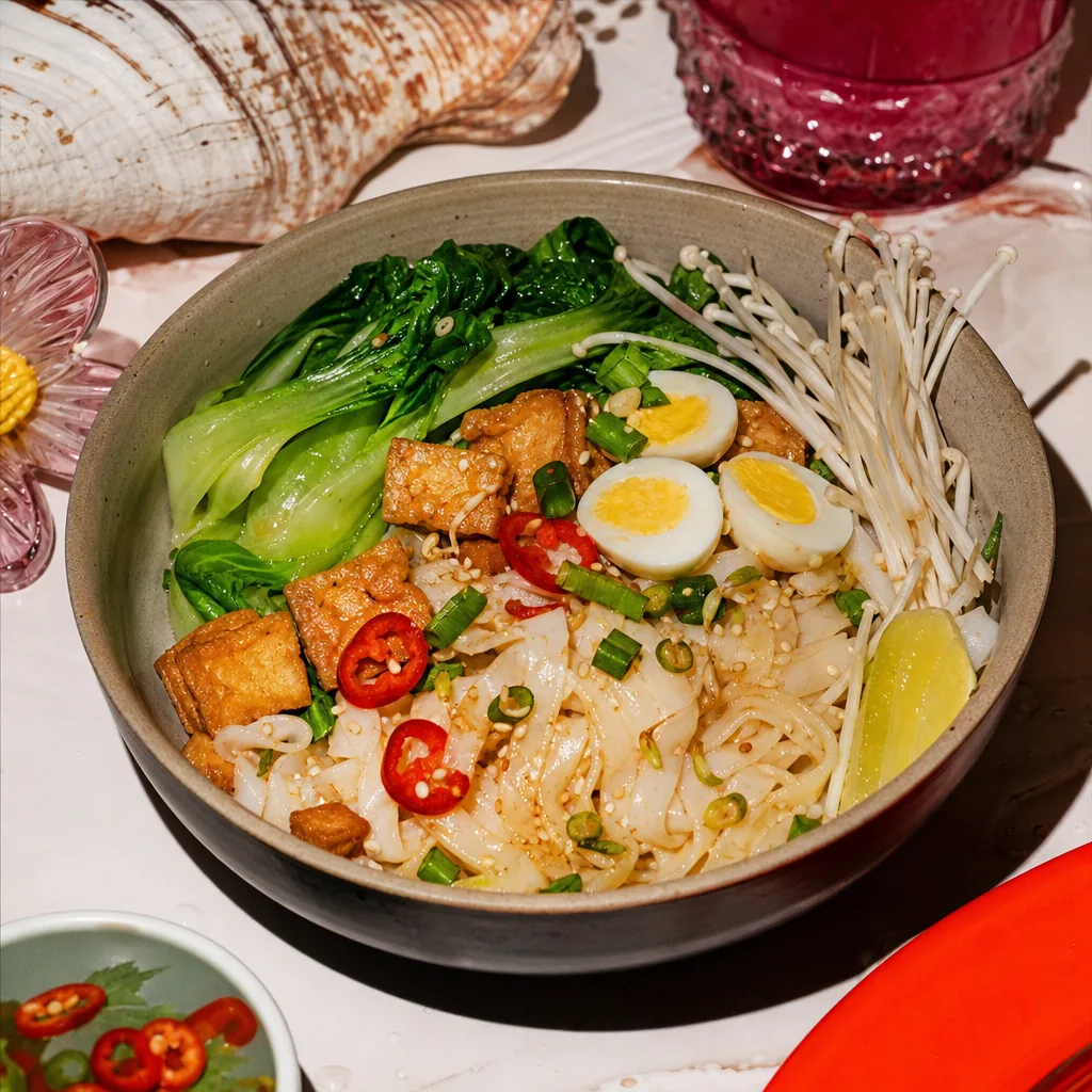 Bol de nouilles de riz au bok choy, œufs de caille et tofu frit, sauce sésame-umami