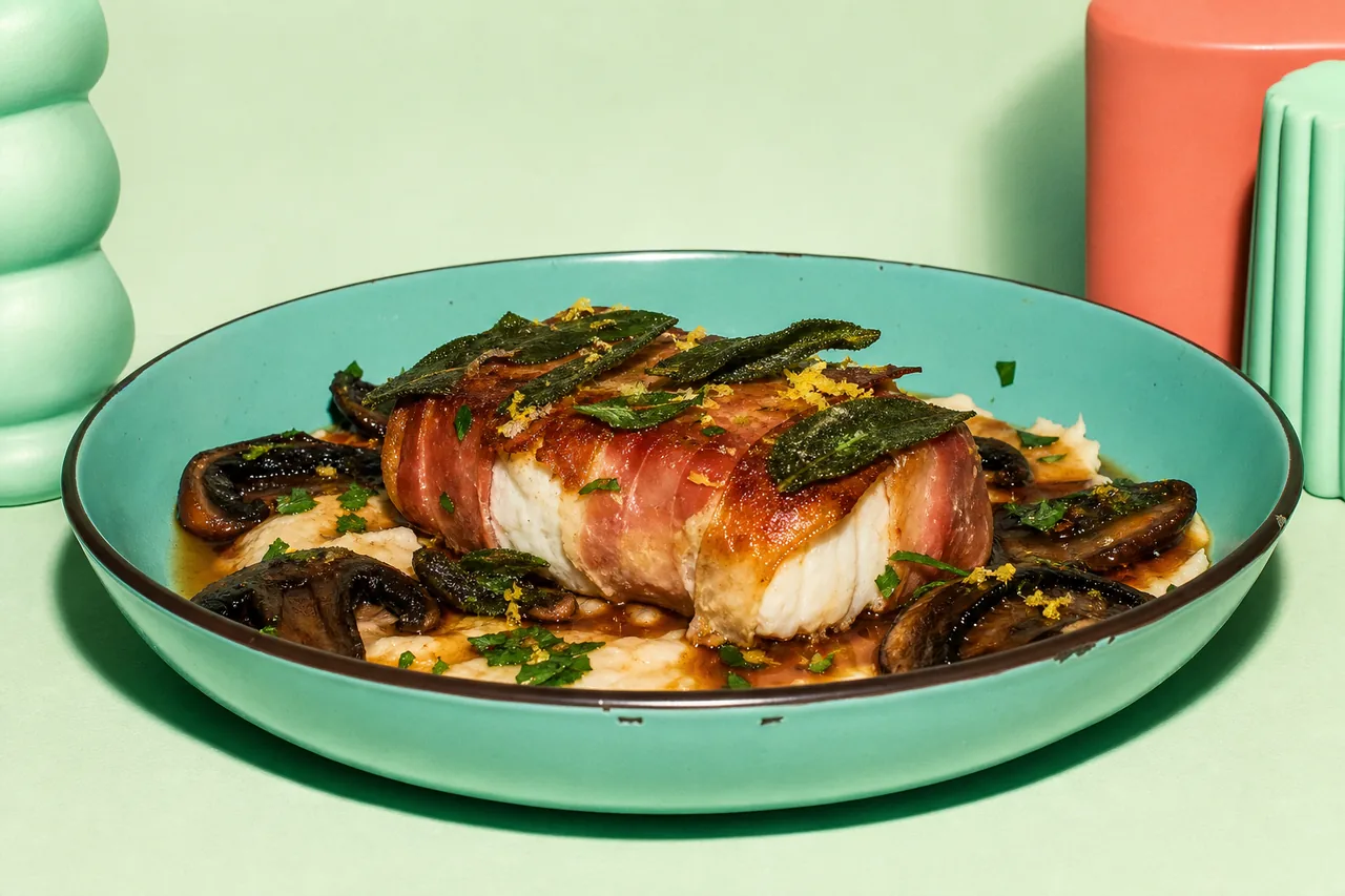 Cobia façon saltimbocca, sauge croustillante, portobello balsamique et purée de haricots blancs