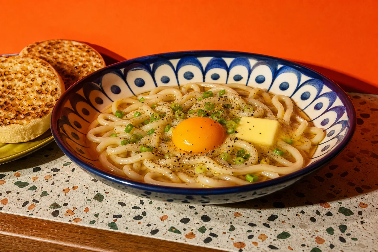 Udon au beurre, poivre et jaune d'oeuf, crumpet grillé