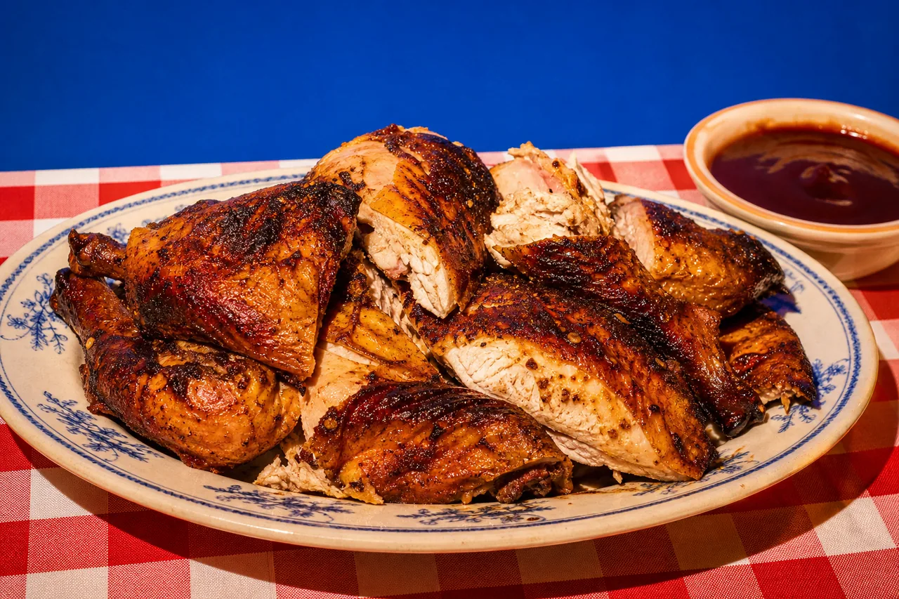 Poulet fumé entier au feu de bois