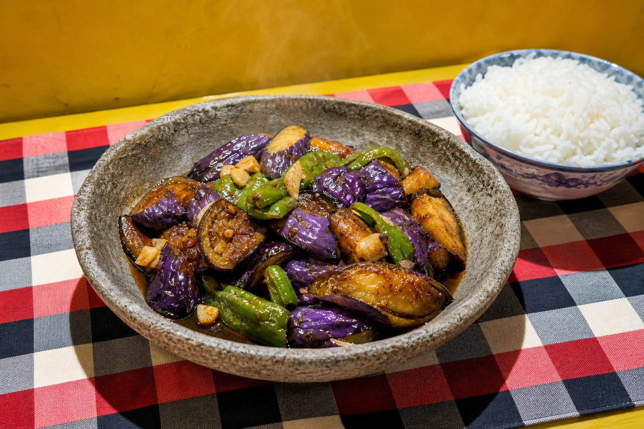 Aubergine sautée aux poivrons verts