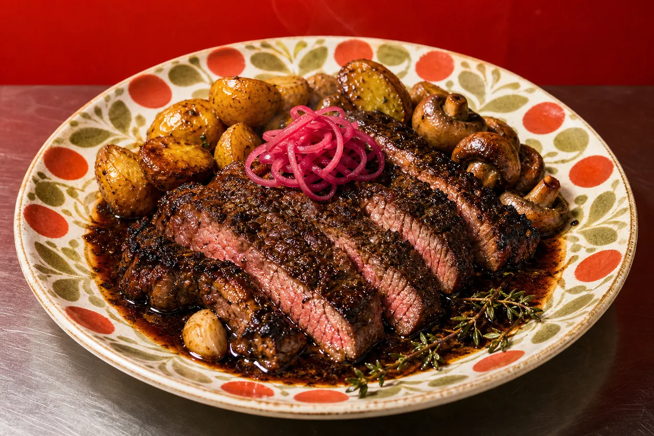 Bavette de bœuf en croûte de café, jus corsé café-cacao, grenailles rôties et pickles d'oignon rouge