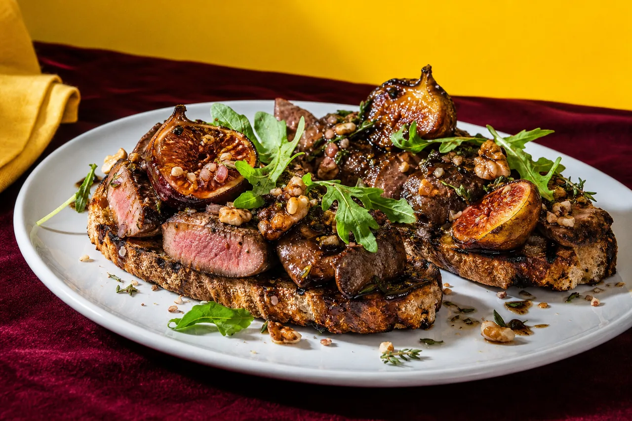 Tartines tièdes de foies de volaille poêlés et figues rôties, gastrique balsamique-miel