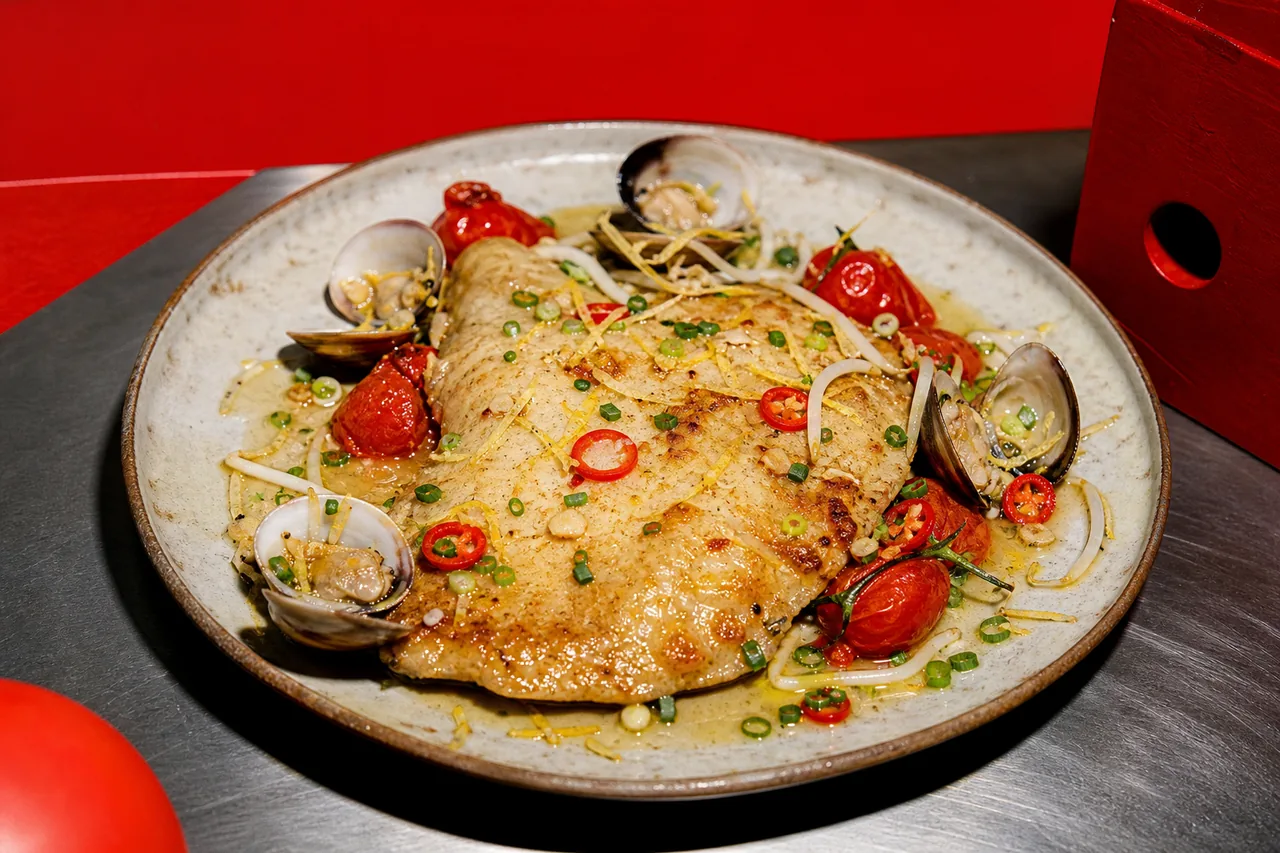 Raie lisse poêlée, beurre de palourdes, tomates confites et piment