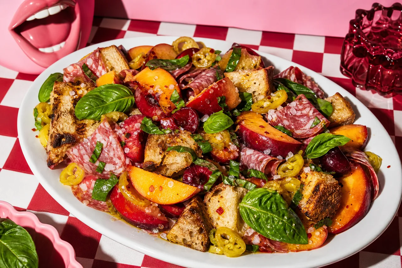 Panzanella aux fruits à noyau et salami