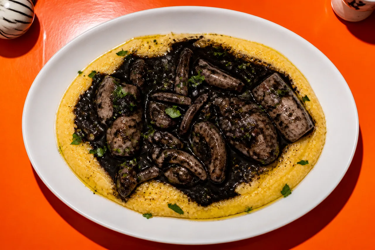 Seppie al nero : seiche commune mijotée dans son encre, polenta crémeuse (tradition vénitienne)