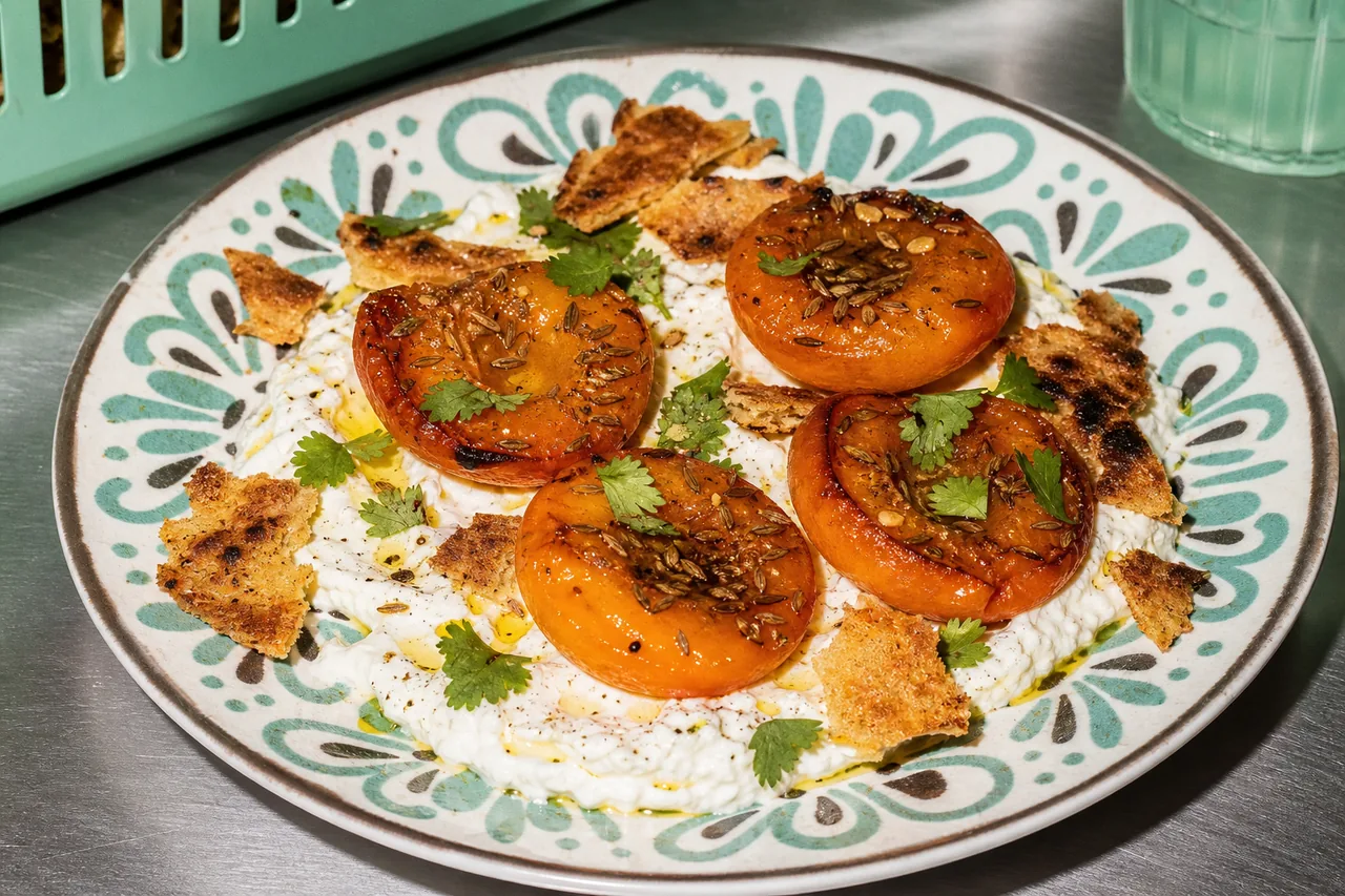 Abricots rôtis au miel-cumin, socca croustillante et feta fouettée au citron