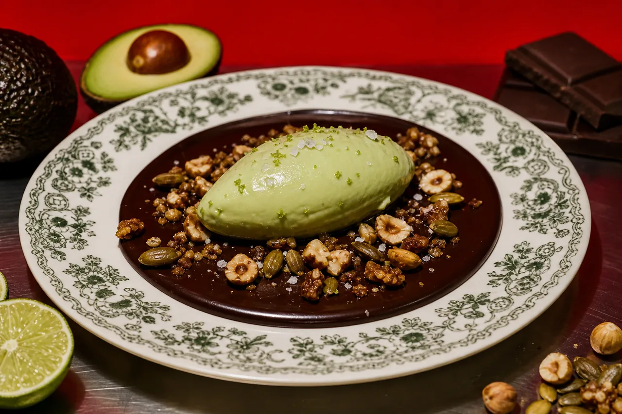 Semifreddo d'avocat au citron vert, ganache tiède au chocolat noir, croustillant érable-noisette
