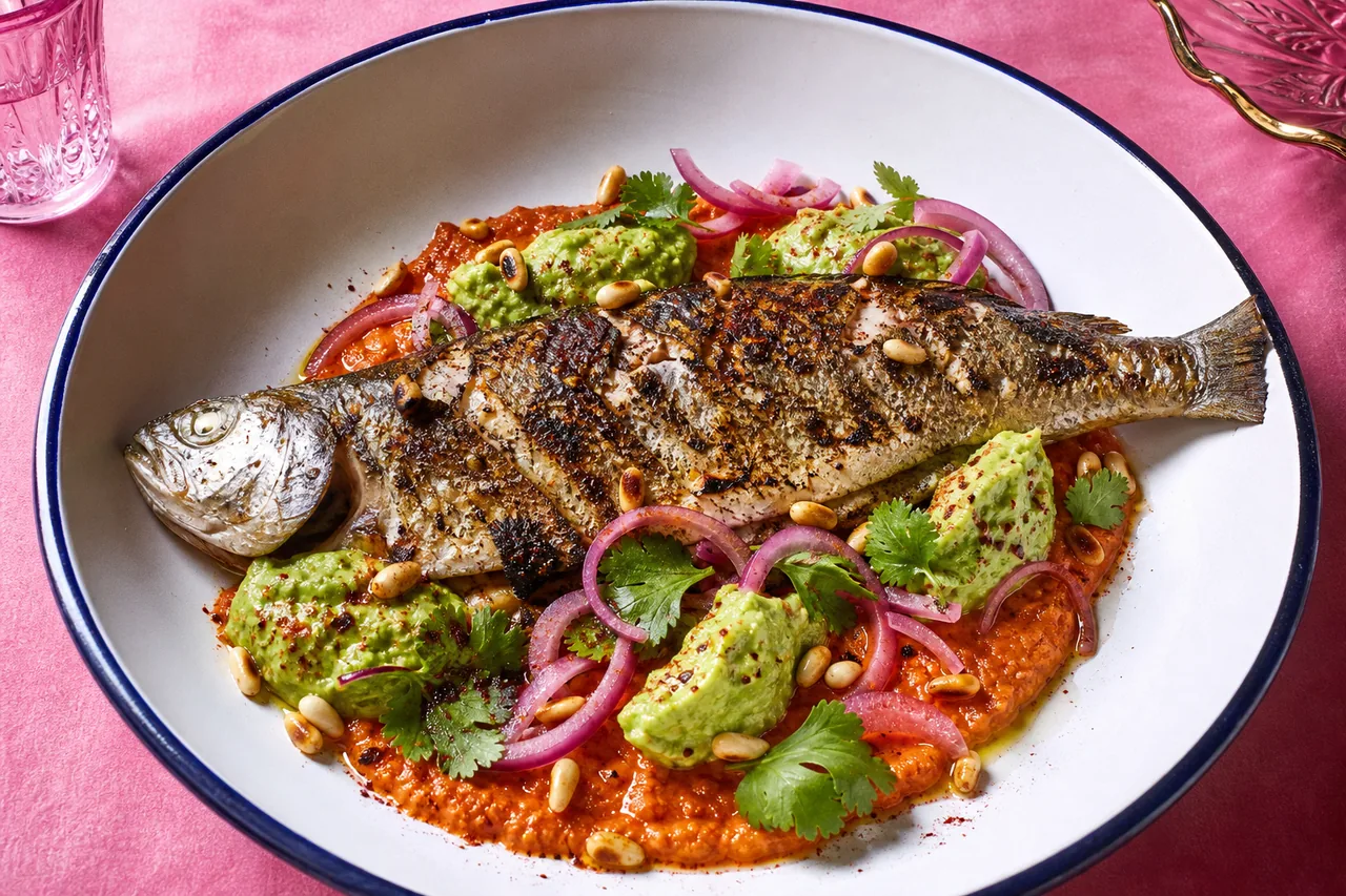 Ombre commun grillé, romesco fumé, guacamole citronné et pignons dorés