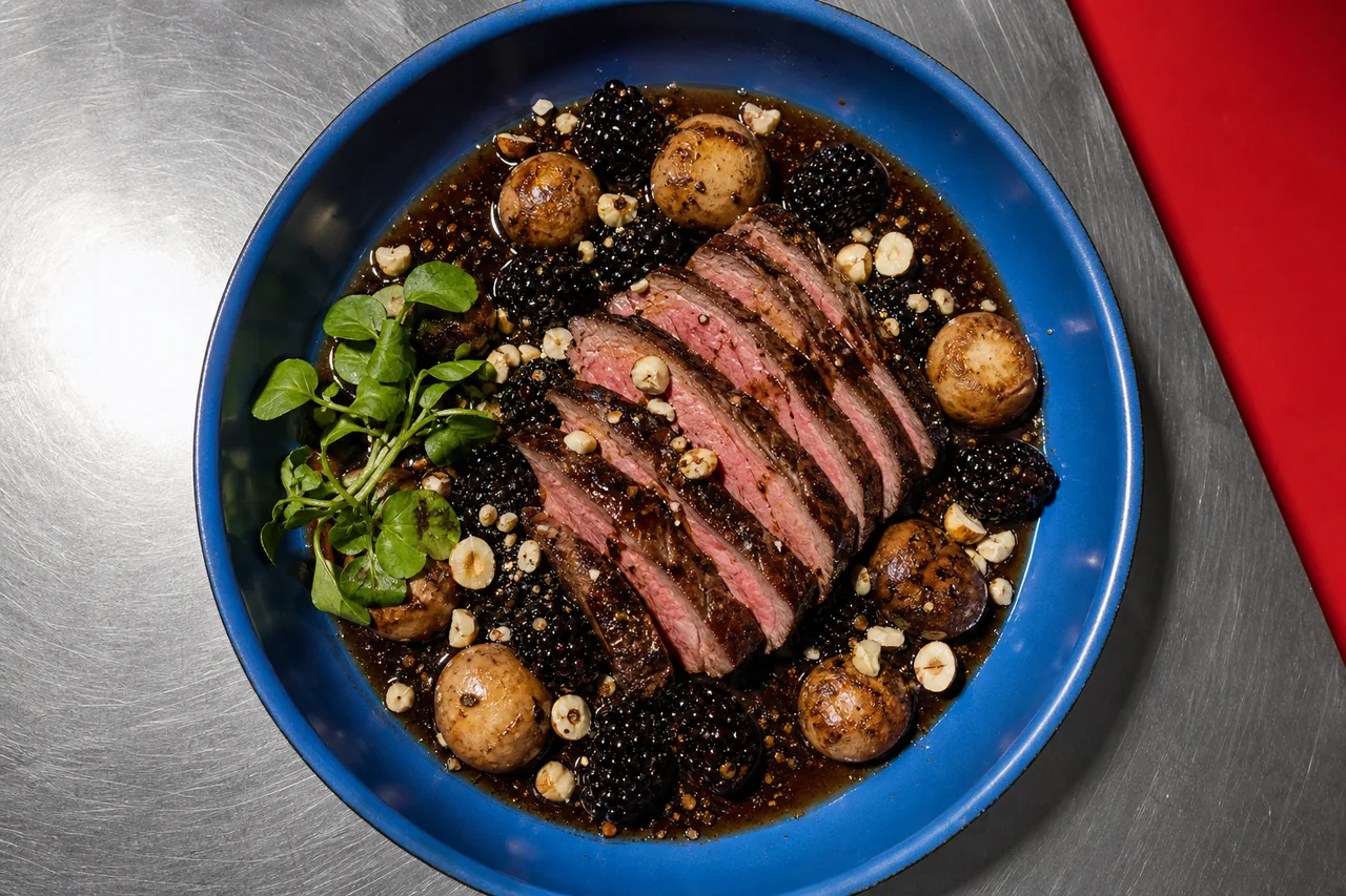 Pavé de bœuf laqué aux mûres, jus corsé mûre-poivre noir, champignons rôtis et noisettes