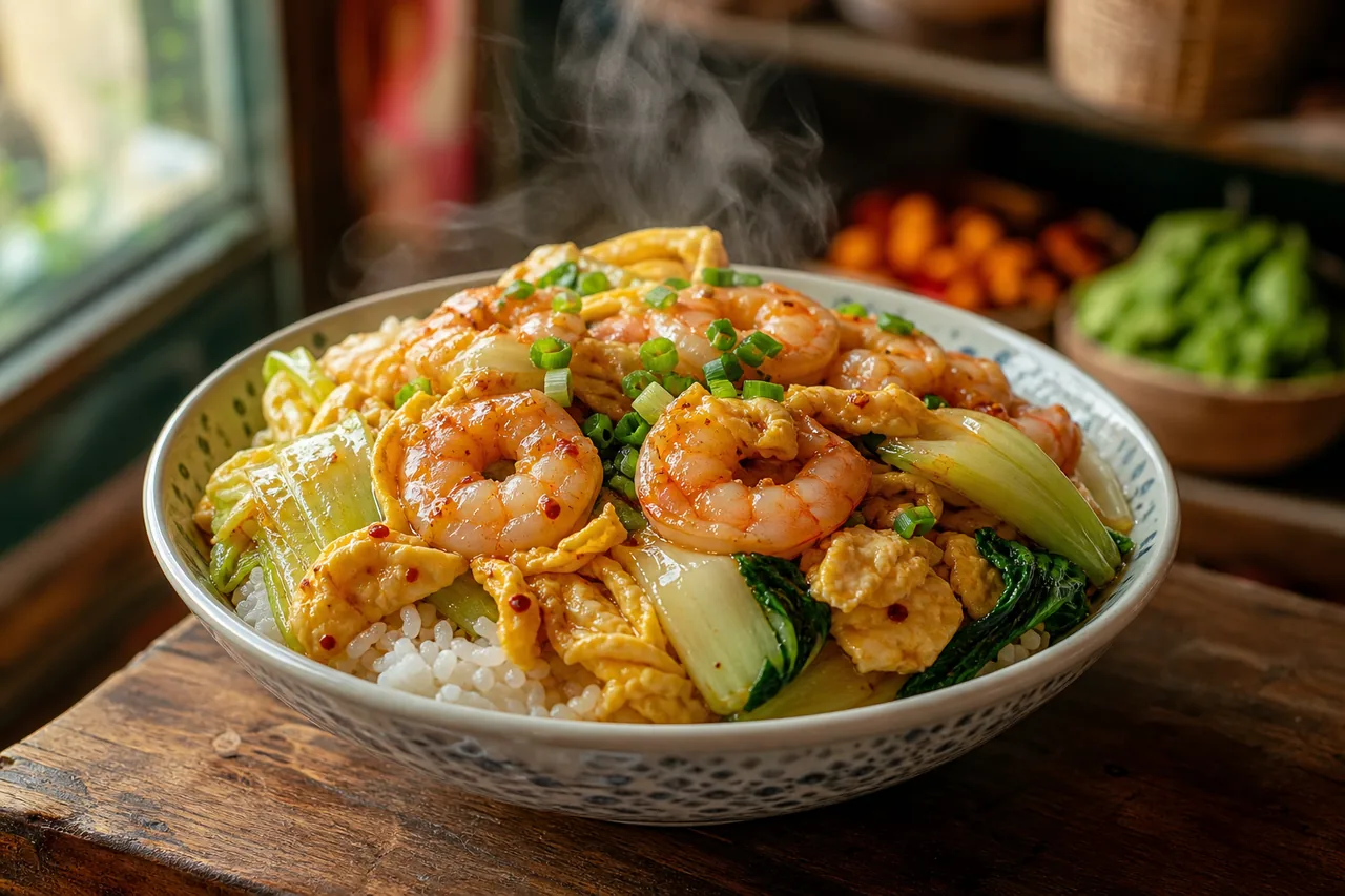 Bol chinois crevettes-œuf, choux sautés, riz et sauce gingembre-piment