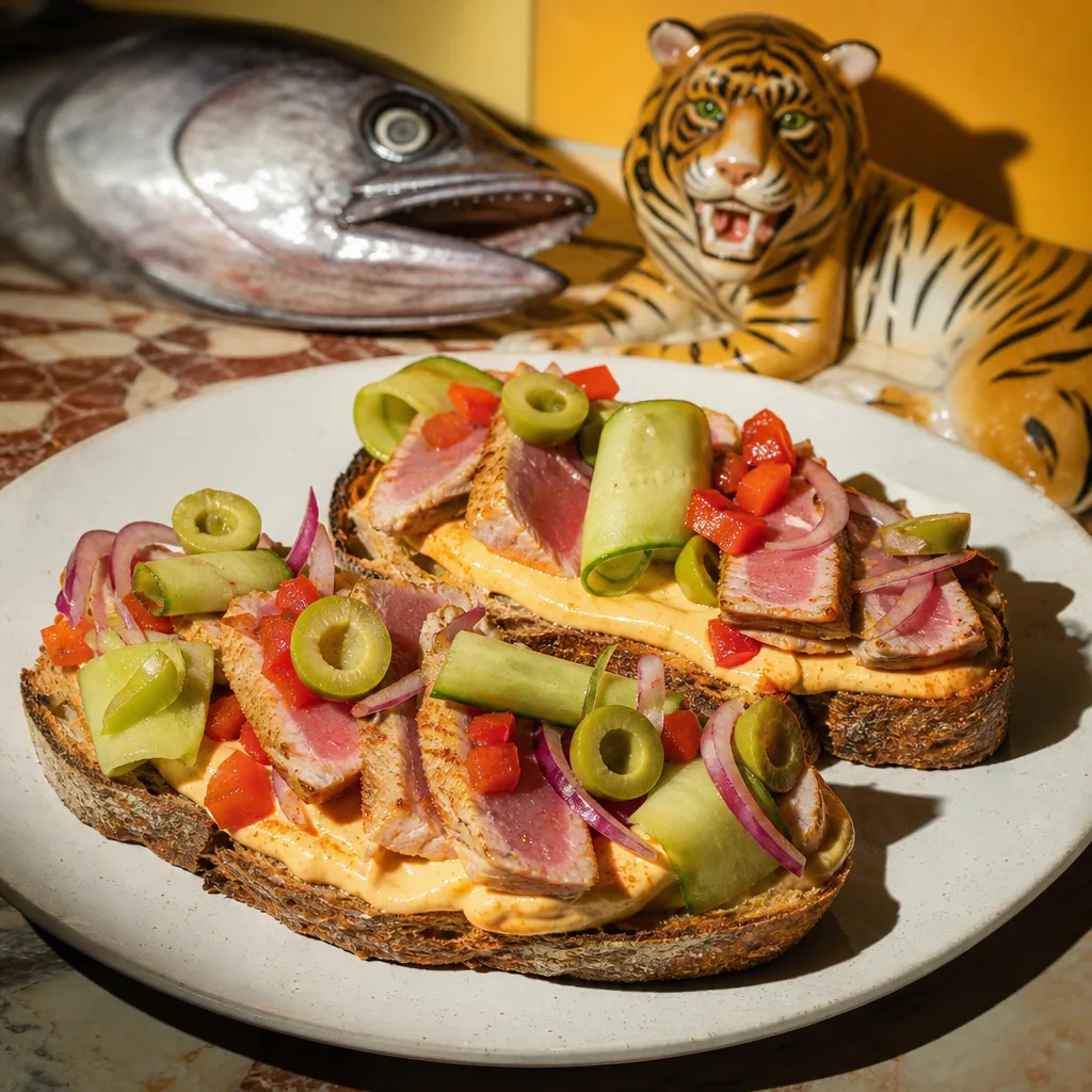 Tartines de thon snacké, mayo chocolat blanc-paprika et concombre en pickles