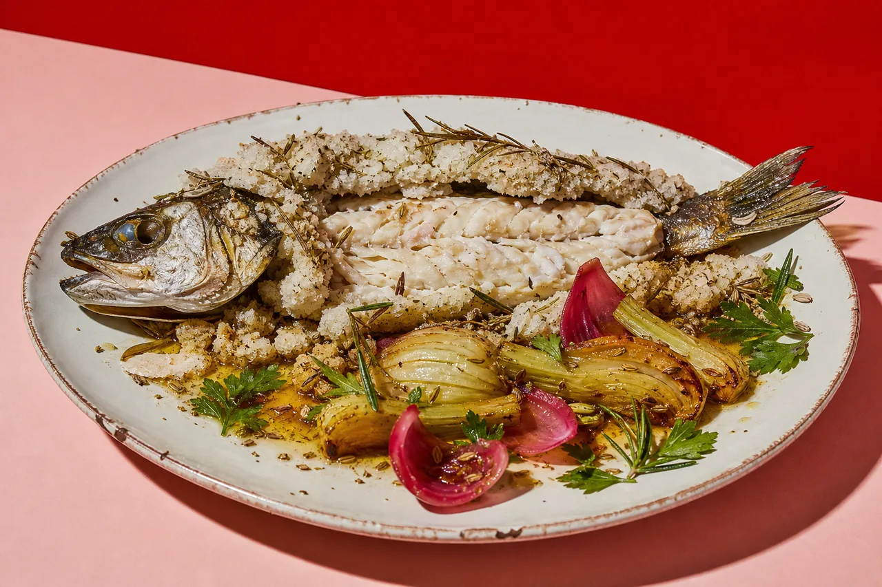 Bar en croûte de sel flambée au romarin, jus court au fenouil et oignon rouge vinaigré