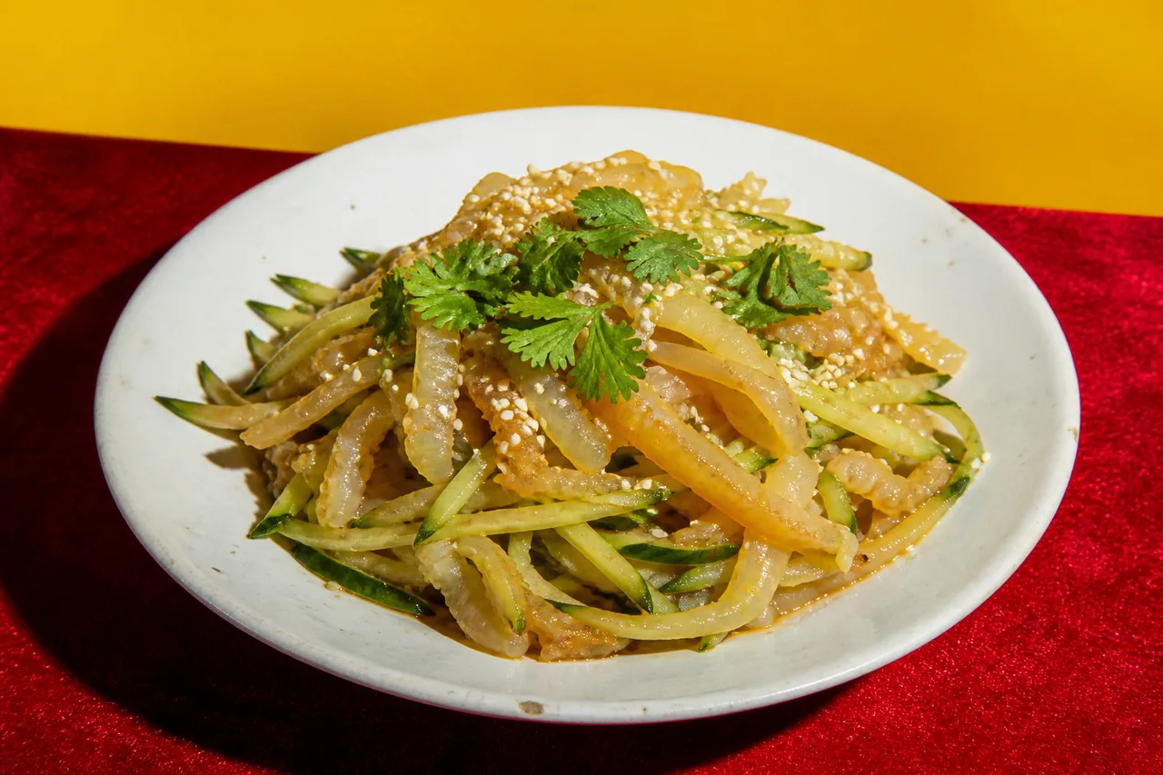 Salade de méduse flamme à la chinoise, sauce sésame-vinaigre, concombre émincé