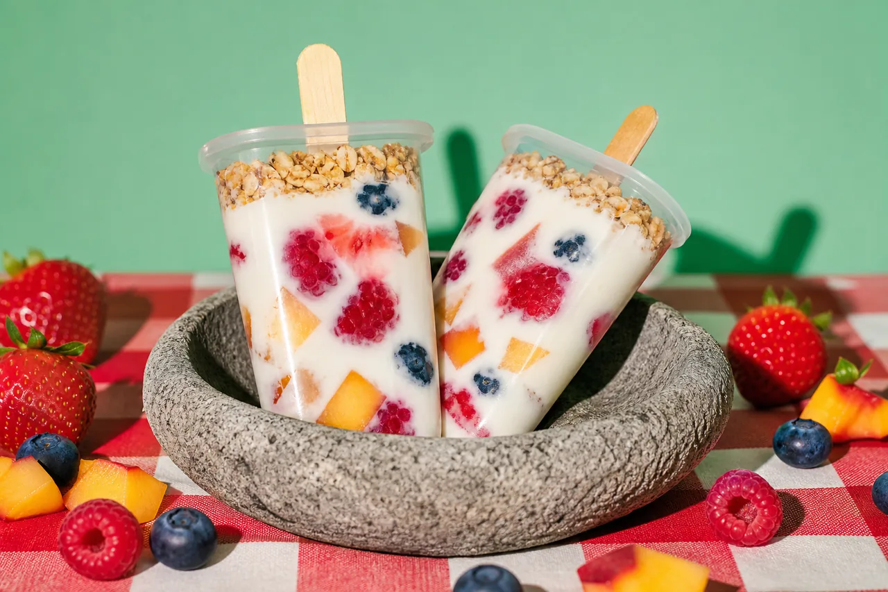 Popsicles au yaourt, fruits et granola pour le petit-déjeuner