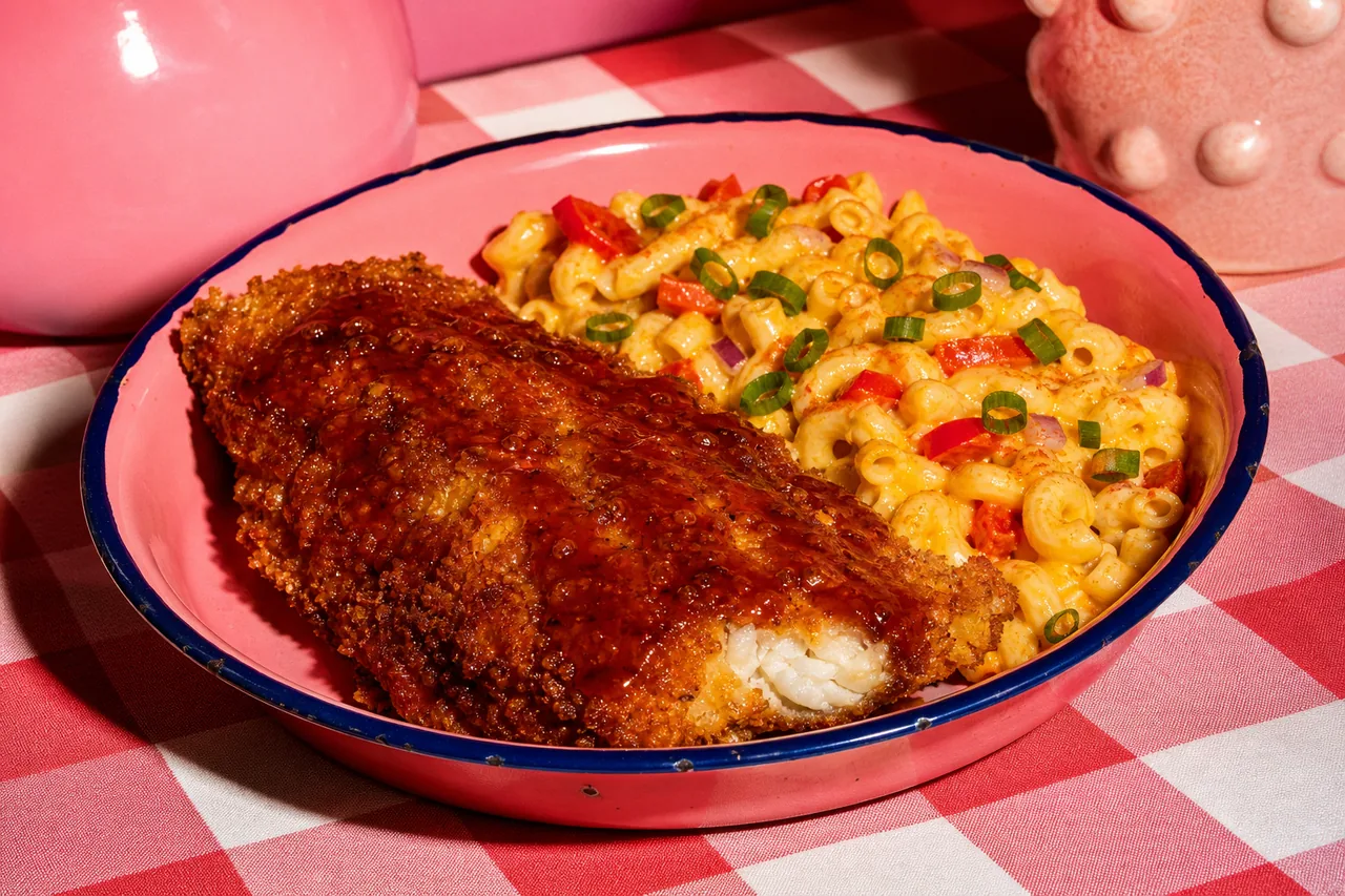 Poisson-loup pané façon fish and mac’n’cheese, laque barbecue coréenne au paprika fumé