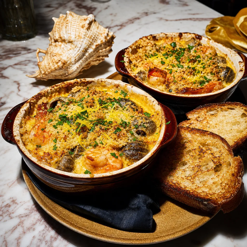 Cassolettes d’escargots et crevettes au munster, dashi court et chapelure persillée