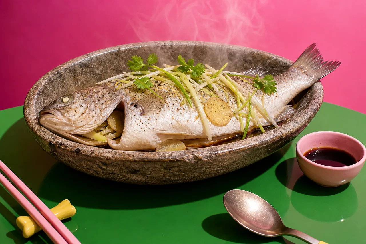 Poisson entier cuit à la vapeur avec gingembre, ciboule et sauce soja