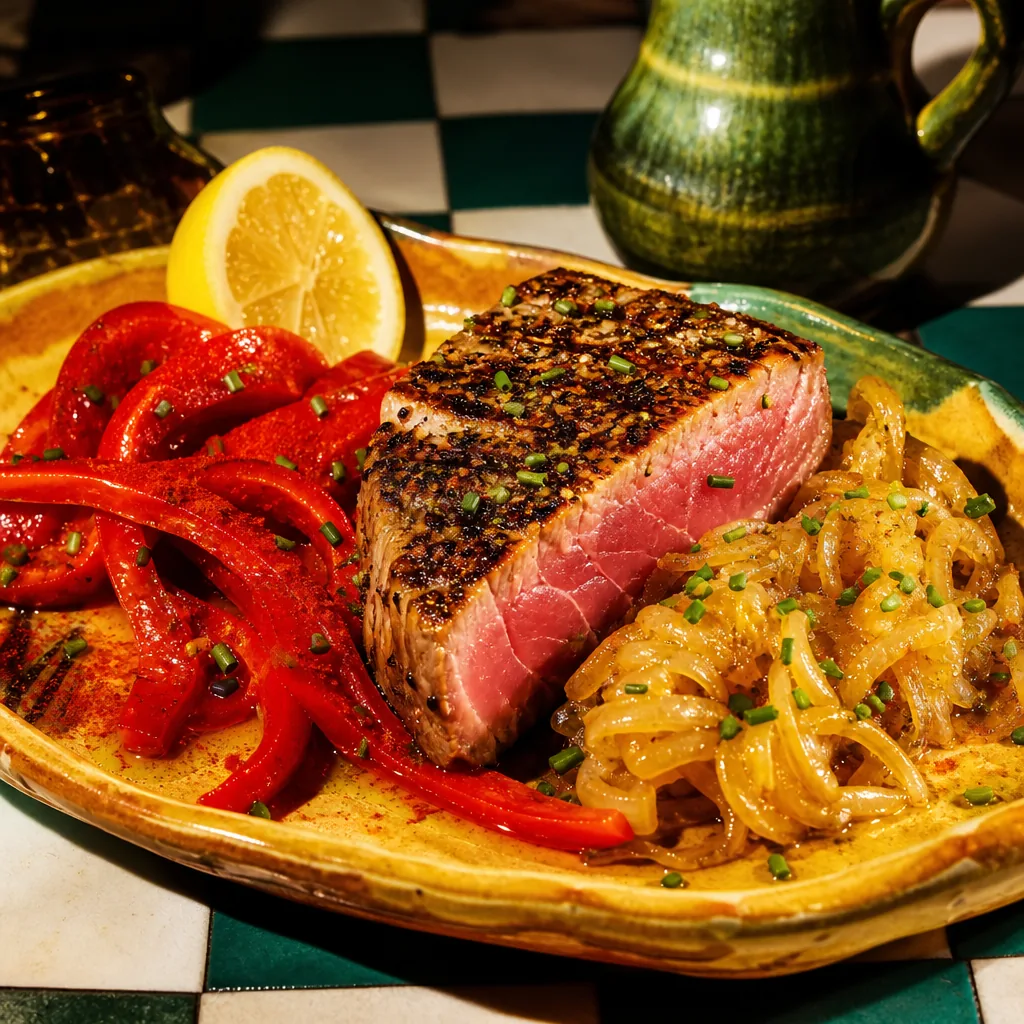 Thon saisi, oignons fondants à la vanille et poivron fumé