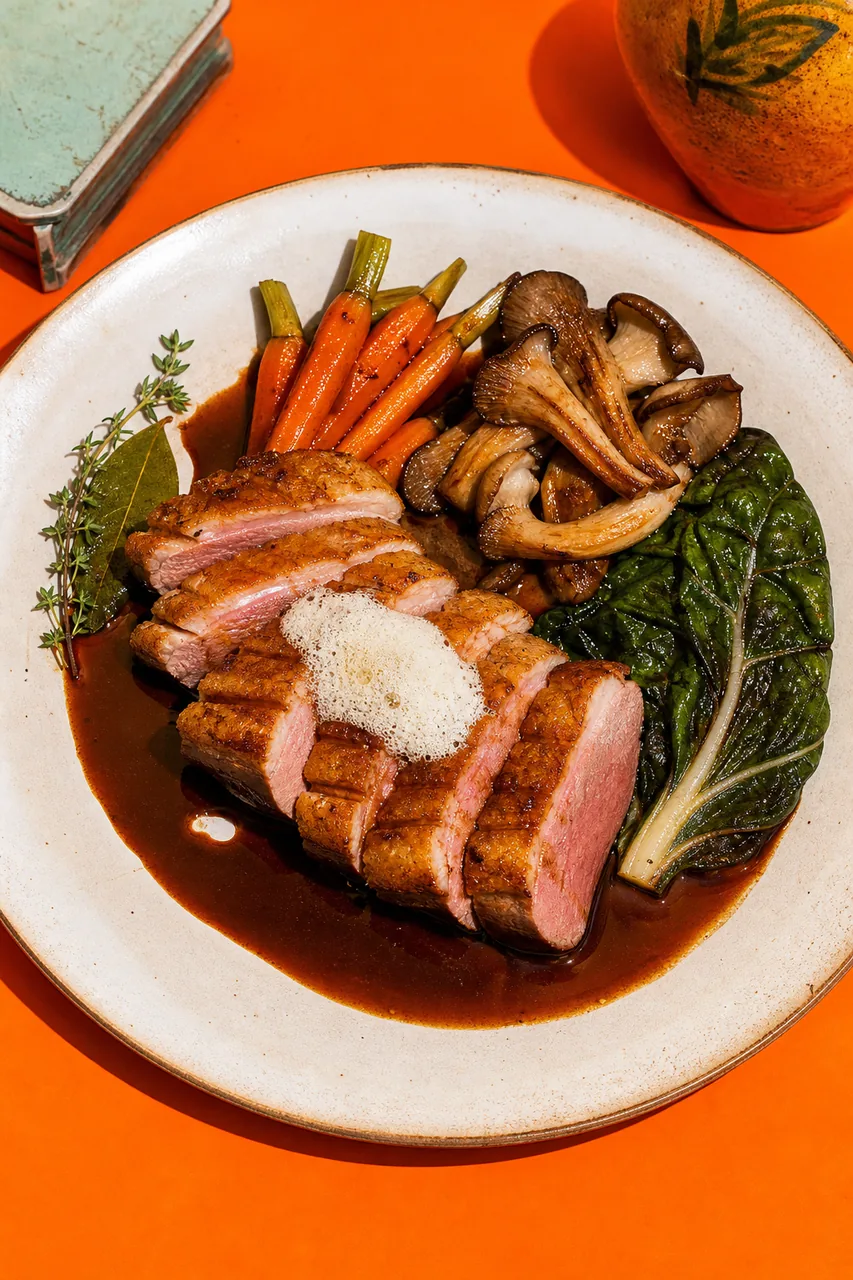 Magret de canard rosé, carottes glacées, pleurotes et feuilles de blette, jus corsé et écume au beurre