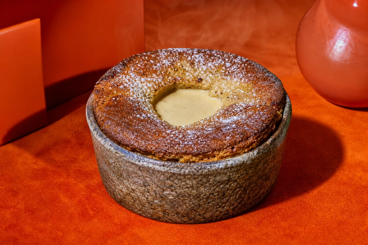 Soufflé chaud châtaigne-vanille, cœur coulant au miso blanc