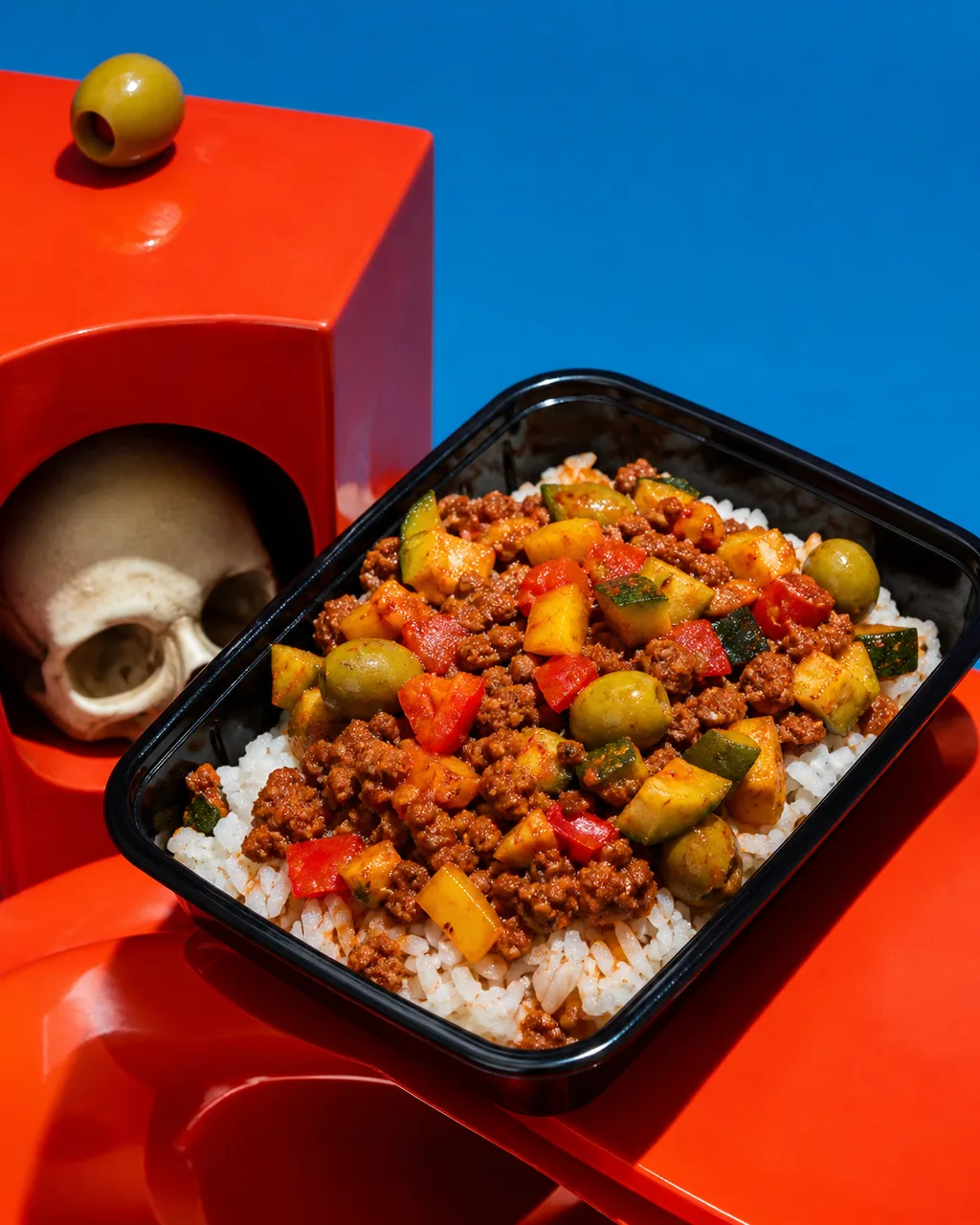 Picadillo léger bœuf-courgette, riz et tomate fumée