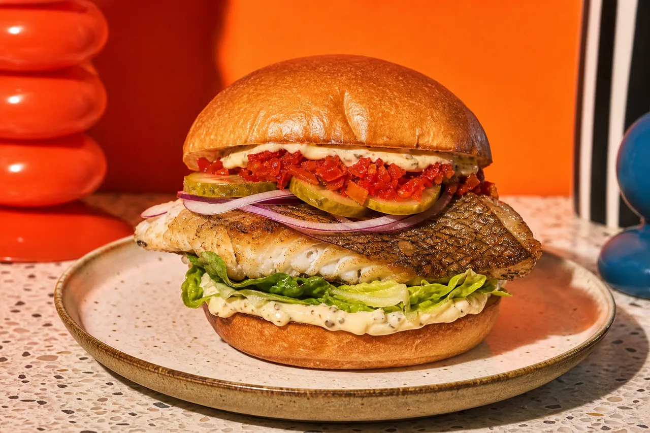 Burger de sébaste, mayonnaise au jus de cornichon et relish cajun croquante