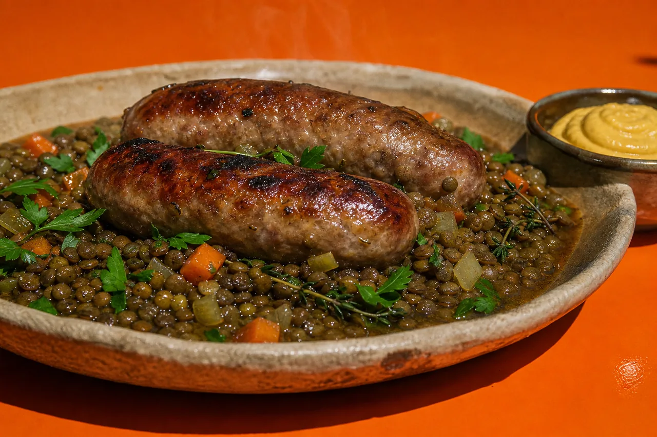 Saucisses de Toulouse fumées au bois de hêtre aux lentilles vertes