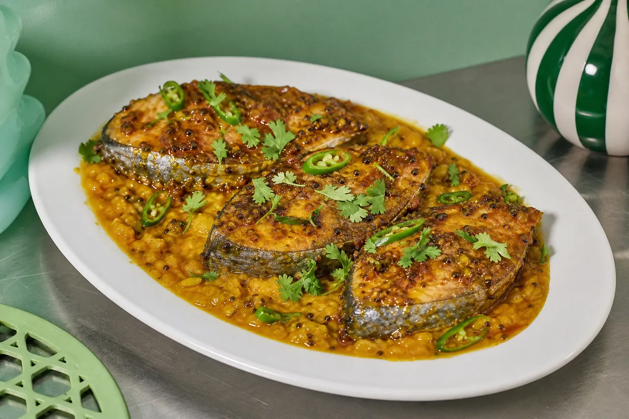 Hilsa masala bengali, laque de sauce XO et graines de moutarde