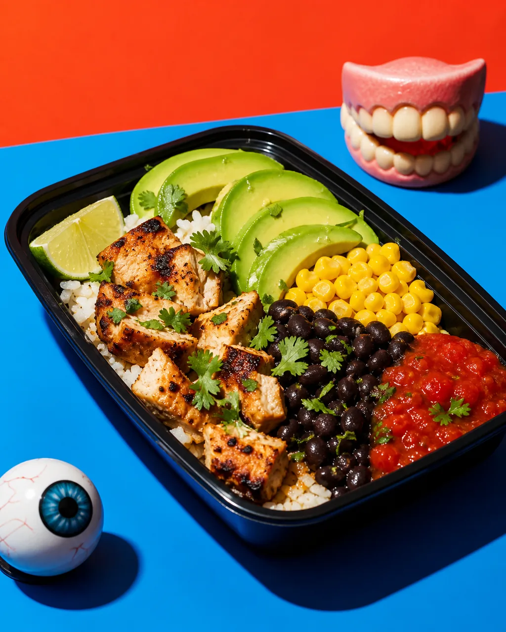 Burrito bowl poulet, haricots noirs, maïs et salsa citron vert