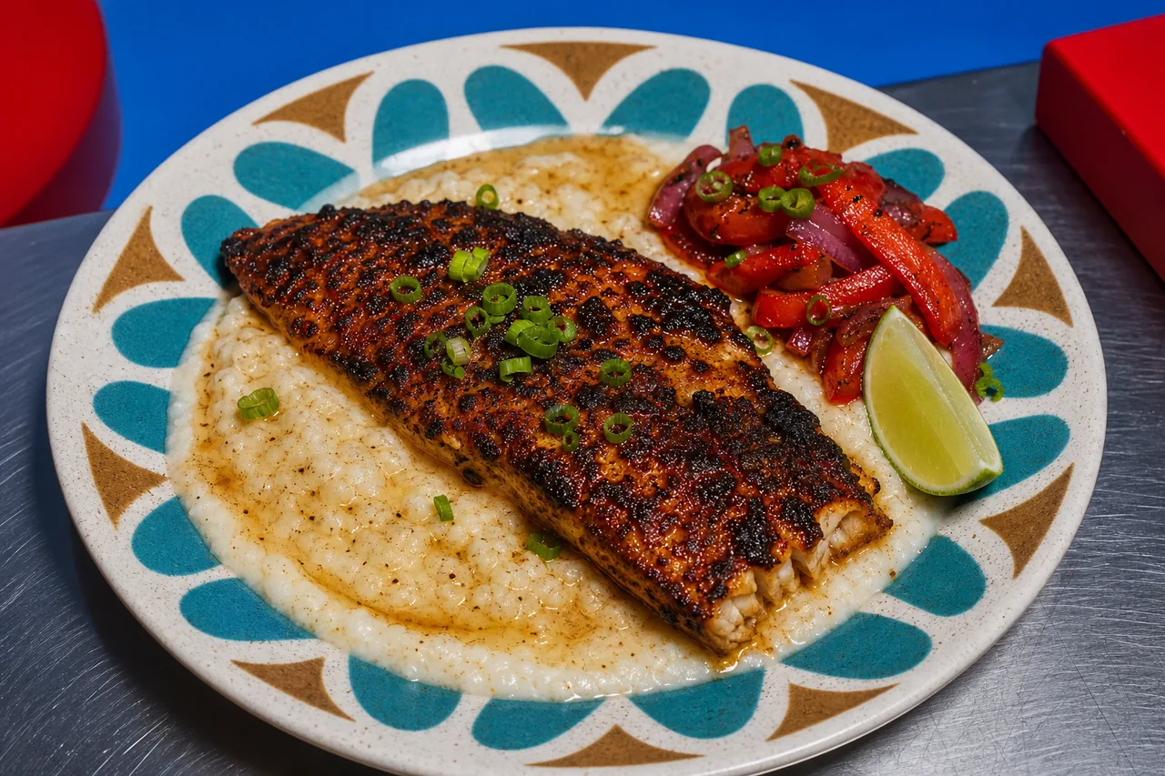 Tambour rouge blackened cajun, grits crémeux et beurre brun au chai