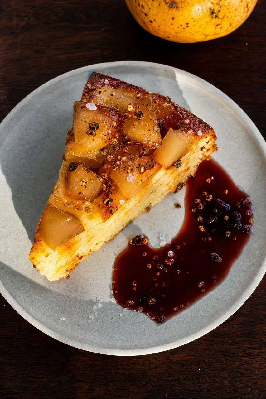 Gâteau au yaourt poire – poivre du Sichuan, gingembre et sirop soja–cerise